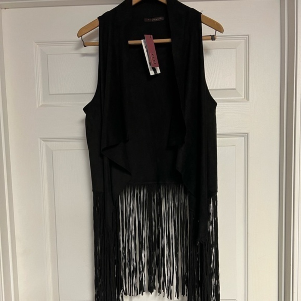 Do Everything W/Love Black Fringe Vest Tunic O/S - Picture 1 of 7